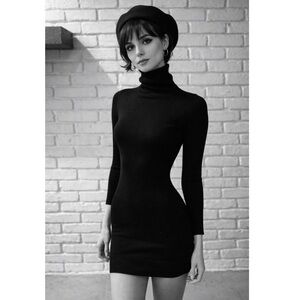 BISOU BISOU Black Turtleneck Knit Mini Dress Sleek Bodycon Long Sleeve Sweater